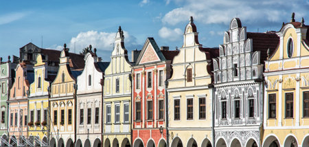 Main square in Telc with the famous 16th-century houses, Czech republic. Architectural scene. Building facades. Travel destination. Beautiful place.の写真素材