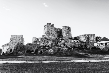 Castle ruins in Levice city, Slovak republic. Ancient architecture. Black and white photo. Travel destination. Tourism theme.の写真素材