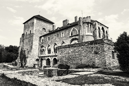 Beautiful castle in Tata, Hungary. Travel destination. Architectural theme. Black and white photo. Historic object.のeditorial素材