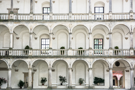 Close up photo of gothic castle of Jindrichuv Hradec, Czech republic. Architectural scene. Travel destination. Wall with columns. Beautiful place.のeditorial素材
