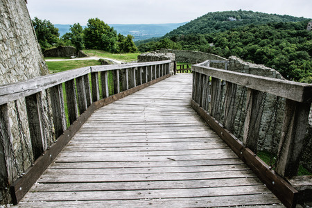 Entrance to the ruin castle of Visegrad, Hungary. Ancient architecture. Travel destination. Cultural heritage. Beautiful place.のeditorial素材