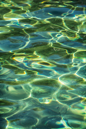 Rippled water surface with natural reflections. Pond and greenery. Abstract scene. Vibrant colors.の写真素材