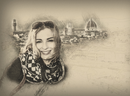 Young tourist woman in Florence, Italy. Pencil drawing. Art technique. の写真素材