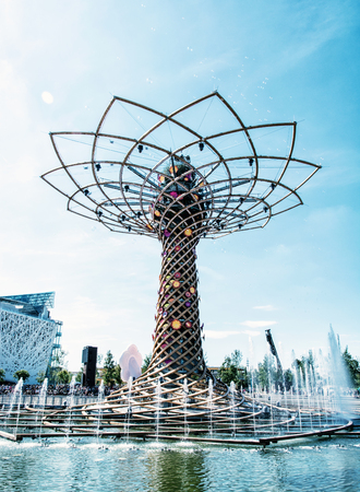 Tree of life at exhibition Expo Milano 2015, Italy. The masterpiece to the world. Artistic object. Blue photo filter.のeditorial素材
