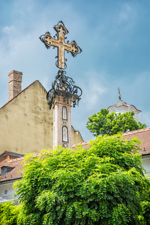 Detail of holy cross in Szentendre, Hungary. Religious architecture. Place of worship. Symbolic object.の写真素材