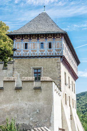 Detail photo of gothic castle Karlstejn in Czech republic. Ancient architecture. Travel destination.のeditorial素材