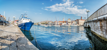 CIOVO ISLAND, CROATIA â JULY 23, 2017: Panoramic photo of Trogir old town from Ciovo island, Croatia, southern Europe. Travel destination. Ships in harbor.のeditorial素材