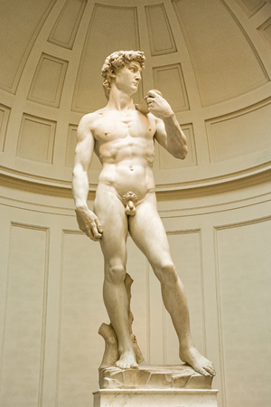 David is a masterpiece of Renaissance sculpture created between 1501 and 1504 by Michelangelo Buonarroti, Galleria dell'Accademia, Tuscany, Florence. Cultural heritage.の写真素材