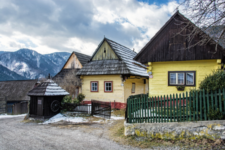 Colorful wooden houses in Vlkolinec village, Slovak republic, Unesco. Cultural heritage. Travel destination. Folk architecture.のeditorial素材