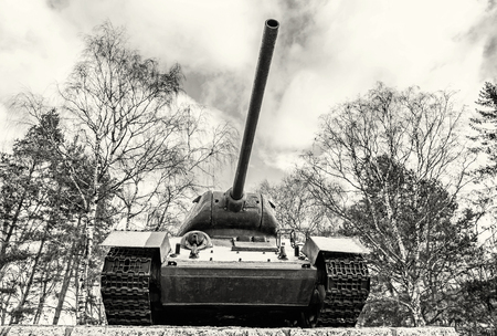 Soviet medium tank T-34 of the World war II., Kezmarok, Slovak republic. Symbolic object. Black and white photo.のeditorial素材