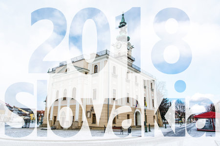 Historic town hall in main square, Kezmarok, Slovak republic. PF 2018. Winter scene. Architectural...
