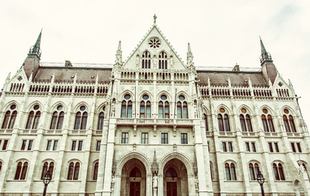 Hungarian parliament building, also known as the Parliament of Budapest, Hungary. House of the nation. Architectural theme. Cultural heritage. Old photo filter.の写真素材