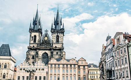 Church of Our Lady before Tyn in Old town square, Prague, Czech republic. Architectural scene. Travel destination. Blue photo filter.のeditorial素材
