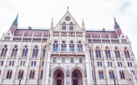 Hungarian parliament building, also known as the Parliament of Budapest, Hungary. House of the nation. Architectural theme. Cultural heritage. Red photo filter.のeditorial素材