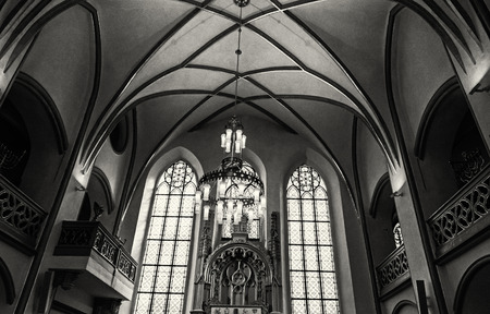 Interior of Maisel synagogue in Prague, Czech Republic. Architectural theme. Religious architecture. Travel destination. Black and white photo.の写真素材