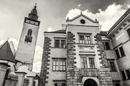Church of the Holy Spirit and the castle, Telc, Czech republic. Architectural scene.の写真素材
