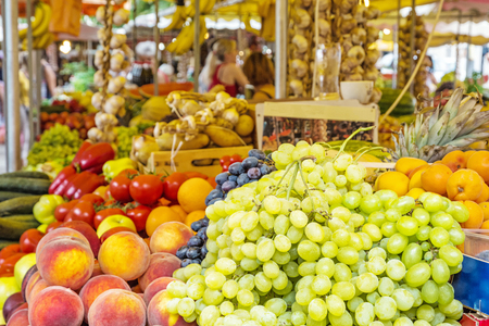 Fresh fruit in market hall, old town Trogir, Croatia. Food theme. Travel destination.の写真素材