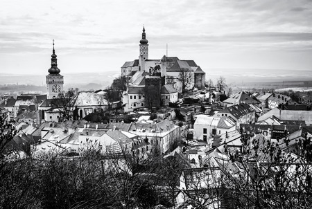 Mikulov castle, southern Moravia, Czech republic. Travel destination. Architectural scene. Black and white photo.のeditorial素材