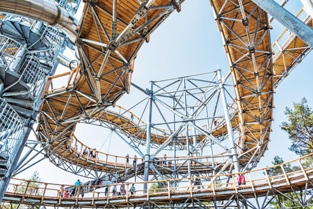 BOJNICE, SLOVAKIA â AUGUST 29, 2018: Tourists in sightseeing tower, Bojnice, Slovakia. Tourist attraction. Traveling and learning. Illustrative editorial.のeditorial素材