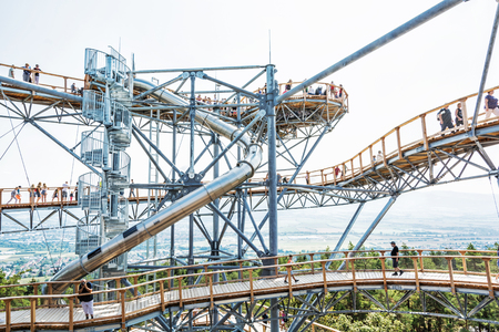 BOJNICE, SLOVAKIA â AUGUST 29, 2018: Tourists in sightseeing tower, Bojnice, Slovakia. Tourist attraction. Traveling and learning. Illustrative editorial.のeditorial素材