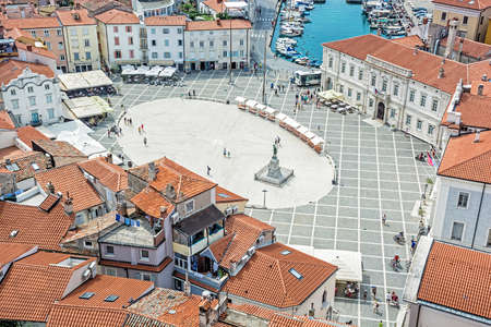 Piran town from St. George's Parish church, Slovenia. Tartini square. Travel destination. Summer vacation.の写真素材
