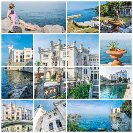 Best of Miramare castle, northeastern Italy. Travel destination. Beautiful architecture. Collage of travel images.のeditorial素材