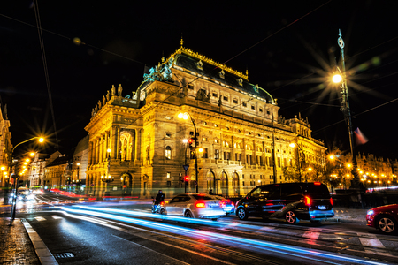 PRAGUE, CZECH REPUBLIC â OCTOBER 31, 2018: National theatre building with traffic, Prague, Czech republic. Night scene. Travel destination. Illustrative editorial. Cultural heritage.のeditorial素材