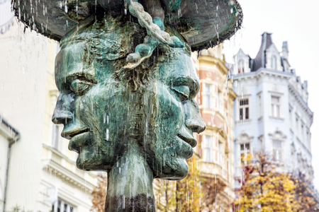 Allegorical sculpture and fountain, Karlovy Vary, Czech republic. Artistic object. Travel destination.の写真素材