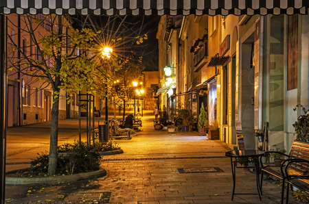 NITRA, SLOVAK REPUBLIC â NOVEMBER 17, 2018: Kupecka street with shops and stone pavement in Nitra, Slovak republic. Night scene. Illustrative editorial. Travel destination.のeditorial素材