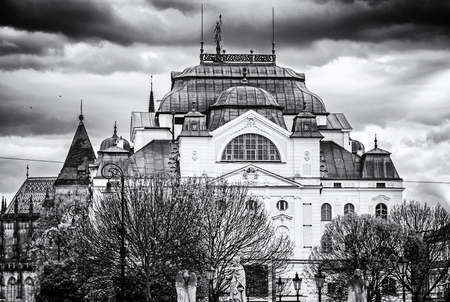 Famous State theater building in Kosice, Slovak republic. Architectural scene. Travel destination. Black and white photo.のeditorial素材