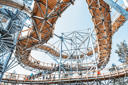 BOJNICE, SLOVAKIA â AUGUST 29, 2018: Tourists in sightseeing tower, Bojnice, Slovakia. Tourist attraction. Traveling and learning. Illustrative editorial. Teal and orange photo filter.のeditorial素材