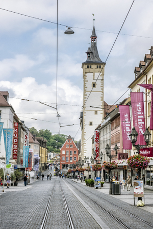 WURZBURG, GERMANY â JULY 14, 2019: Ratskeller, Wurzburg, Bavaria, Germany. Illustrative editorial. Travel destination. Street scene with tourists.のeditorial素材