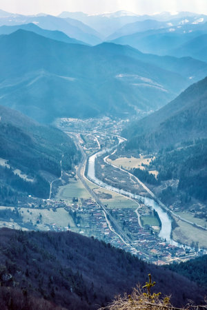 Big Fatra mountains and Stankovany village from Sip peak, Slovak republic. Seasonal natural scene....