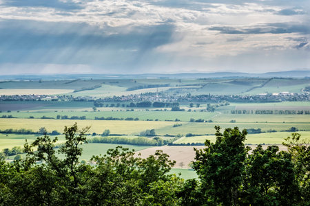 Landscape with fields from Oponice castle ruins, Slovak republic. Seasonal natural scene. Travel...