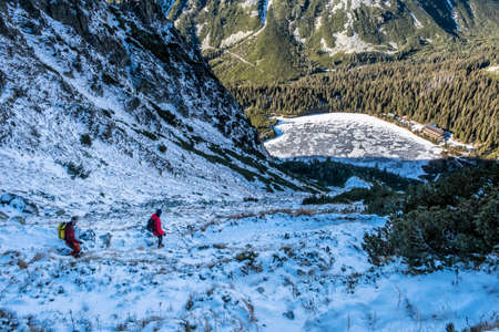 Poprad tarn with hut from Ostrva peak, High Tatras mountains, Slovak republic. Hiking theme. Travel destination.のeditorial素材