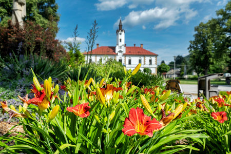 Historic building of municipal office, Lubietova village, Slovak republic. Architectural theme.の写真素材