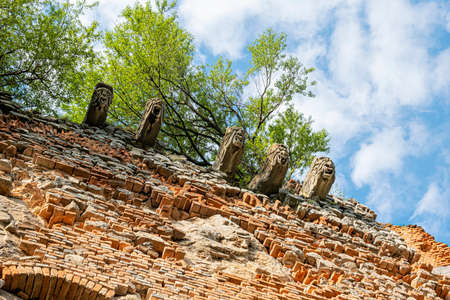 Lion heads, Pajstun castle ruins, Slovak republic, central Europe. Travel destination. Seasonal natural scene.の写真素材