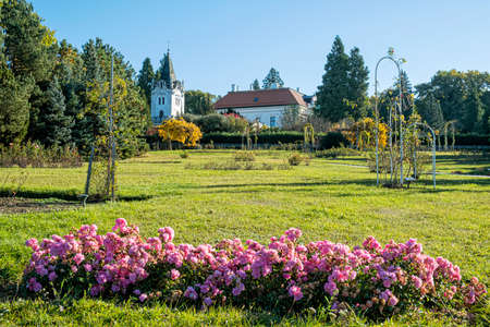 Romantic manor in arboretum Tesarske Mlynany, Slovak republic. Travel destination.のeditorial素材