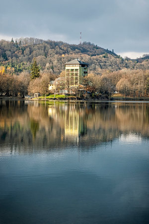Water reservoir Pocuvadlo with Topky hotel in Stiavnica Mountains, Slovak republic. Seasonal natural scene. Hiking theme.の写真素材