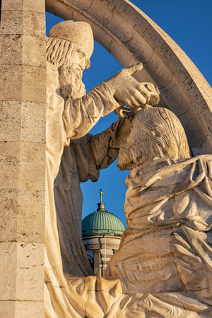 Statue of Saint Stephen coronation in Esztergom, Hungary, Europe. Architectural theme. Travel destination.の写真素材