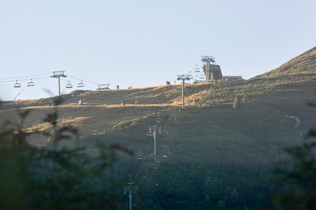 Cableway to the cottage under the Solisko peak, High Tatras mountain, Slovak republic. Hiking theme. Seasonal natural scene.の写真素材