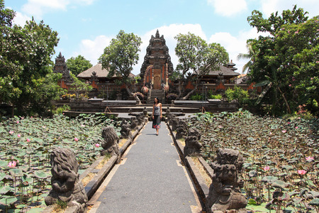 blown lotus flower near bali temple and girl walking in the backgroundの写真素材
