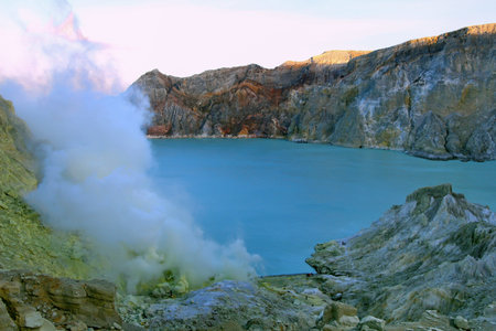 Morning in Crater Kawah Ijan volcano, Java island, Indonesia.の写真素材