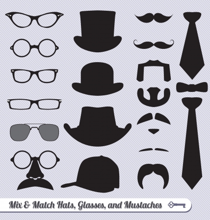 Vector Set: Mustache Glasses Hats and Ties Mix and Matchのイラスト素材