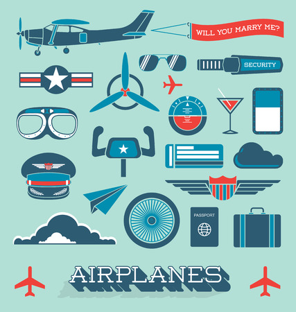 Set of Airplanes and Flight Icons and Objectsのイラスト素材