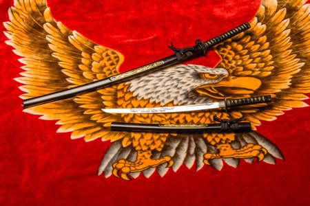 Japanese Samurai long (katana) and short (wakizashi) swords (Daisho) on plush eagle background