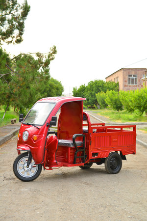 Red electric tuk tuk in the park, closeup of photo