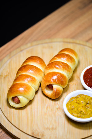 Sausage rolls on a wooden plate with mustard and ketchup