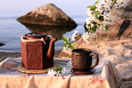 Morning tea ceremony on the beach の写真素材