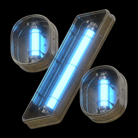 Metallic futuristic % font with blue neon lights.